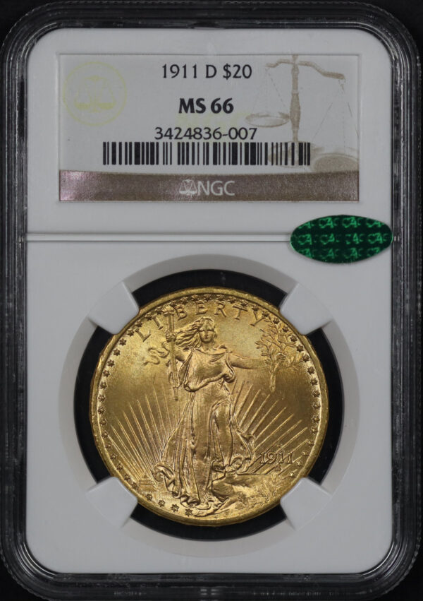 Obverse of this 1911-D St. Gaudens $20 NGC MS-66 CAC