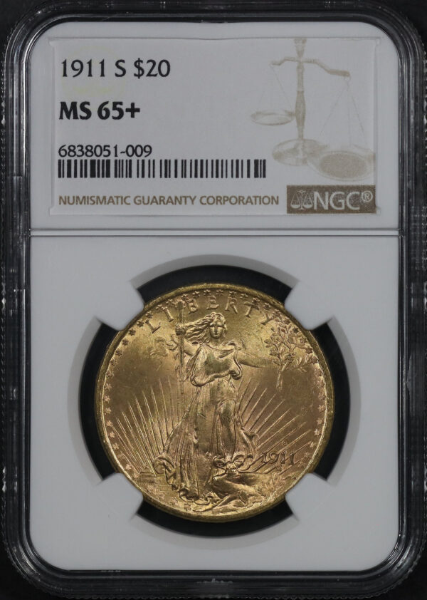 Obverse of this 1911-S St. Gaudens $20 NGC MS-65+