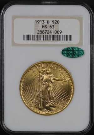 Obverse of this 1913-D St. Gaudens $20 NGC MS-63 CAC Old Fatty Holder
