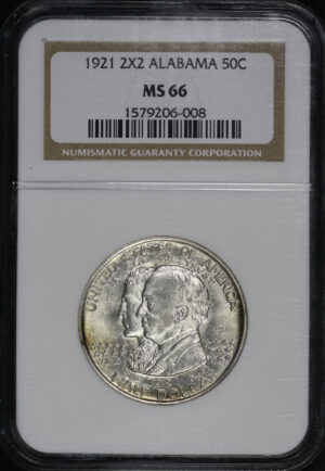 Obverse of this 1921 50C Alabama 2X2 Silver Commemorative NGC MS-66