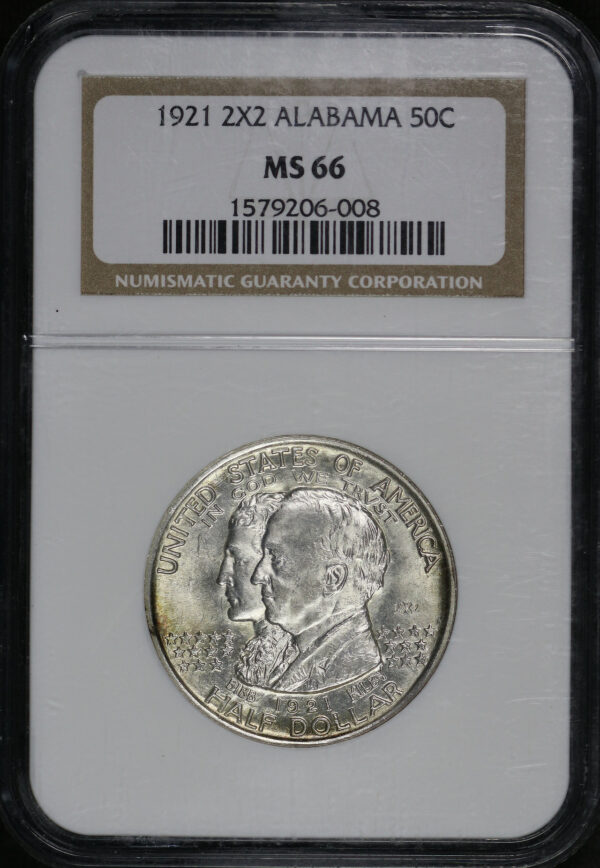 Obverse of this 1921 50C Alabama 2X2 Silver Commemorative NGC MS-66
