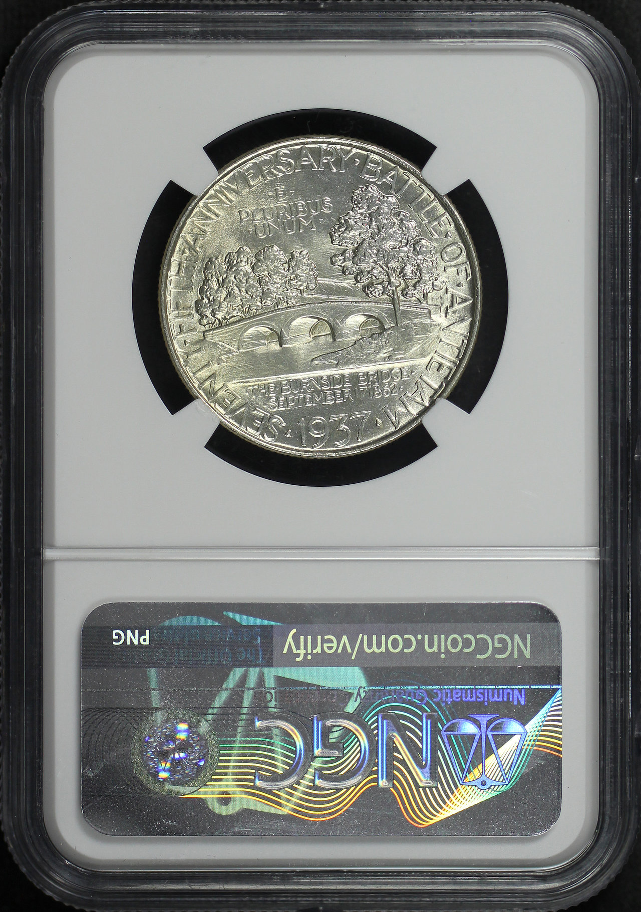 Reverse of this 1937 Silver Commemorative Antietam ANTIETAM 50C NGC MS-64