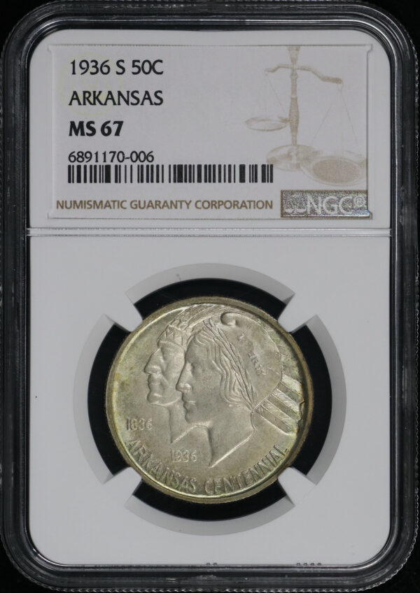 Obverse of this 1936-S 50C Arkansas Silver Commemorative NGC MS-67
