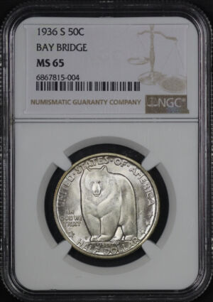Obverse of this 1936-S 50C Bay Bridge Silver Commemorative NGC MS-65