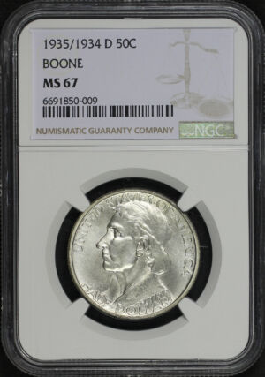 Obverse of this 1935/1934-D Silver Commemorative Boone 50C NGC MS-67