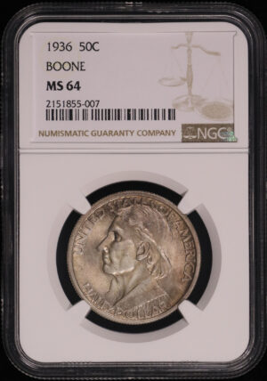 Obverse of this 1936 50C Boone Silver Commemorative NGC MS-64