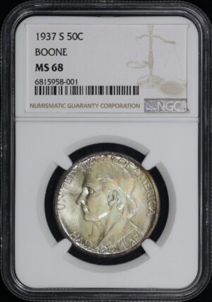 Obverse of this 1937-S 50C Boone Silver Commemorative NGC MS-68 Vibrant Pastel Toning