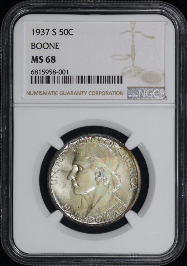 Obverse of this 1937-S 50C Boone Silver Commemorative NGC MS-68 Vibrant Pastel Toning
