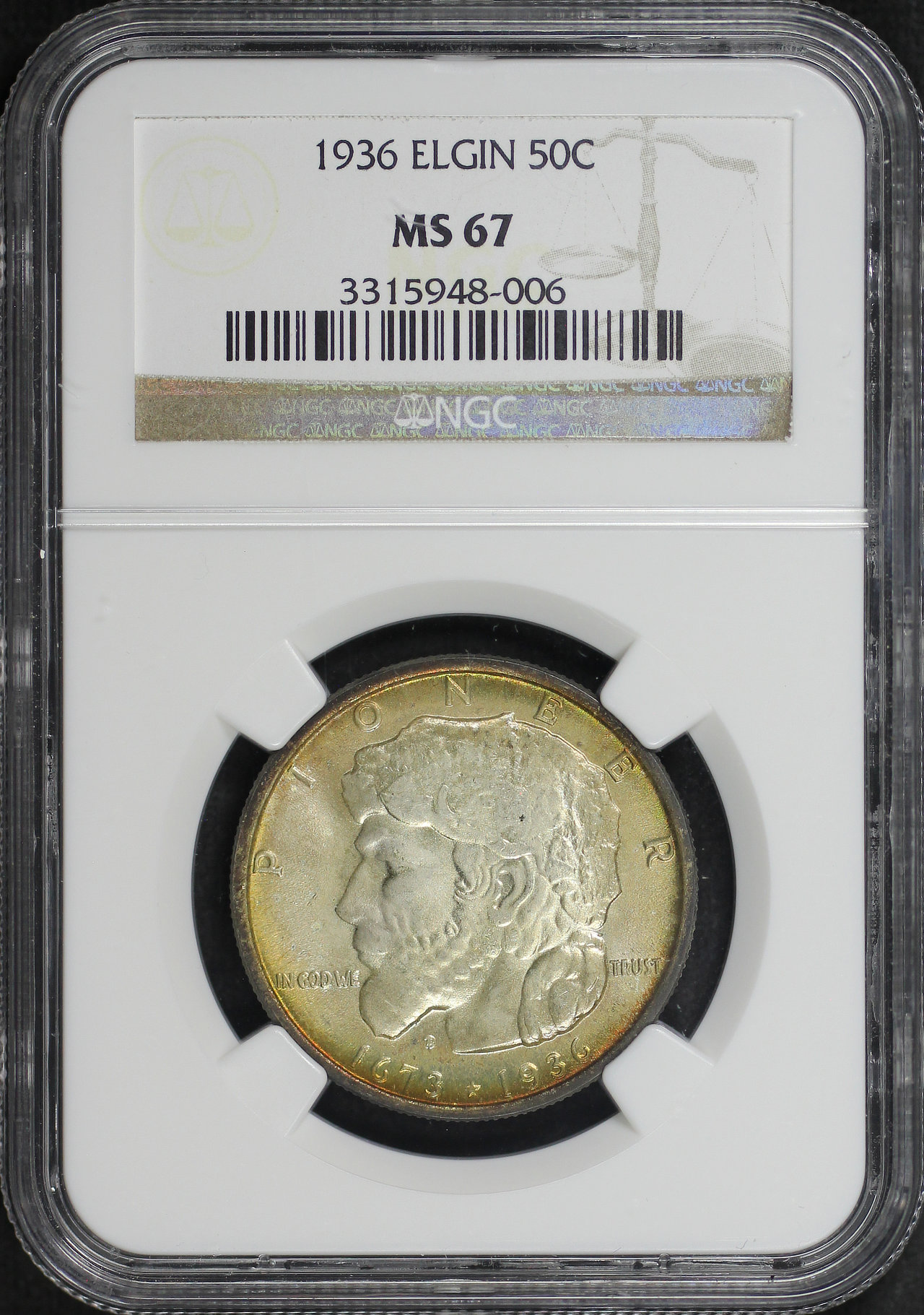 Obverse of this 1936 Silver Commemorative Elgin 50C NGC MS-67