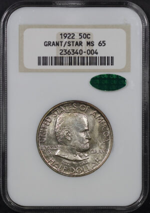 Obverse of this 1922 50C Grant with Star Silver Commemorative NGC MS-65 CAC