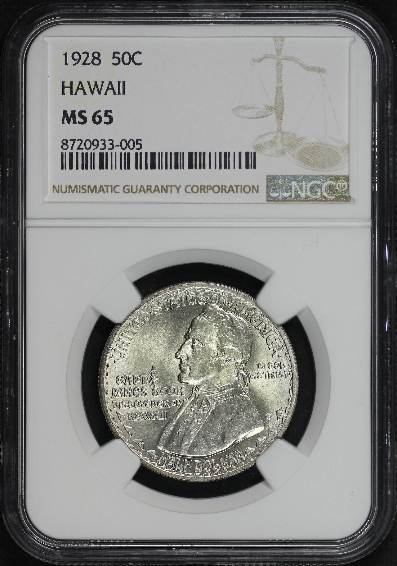 Obverse of this 1928 Silver Commemorative Hawaiian 50C NGC MS-65