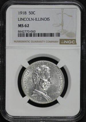 Obverse of this 1918 Silver Commemorative Lincoln-Illinois 50C NGC MS-62