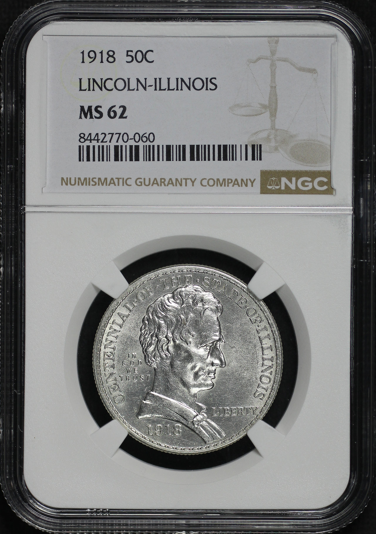 Obverse of this 1918 Silver Commemorative Lincoln-Illinois 50C NGC MS-62