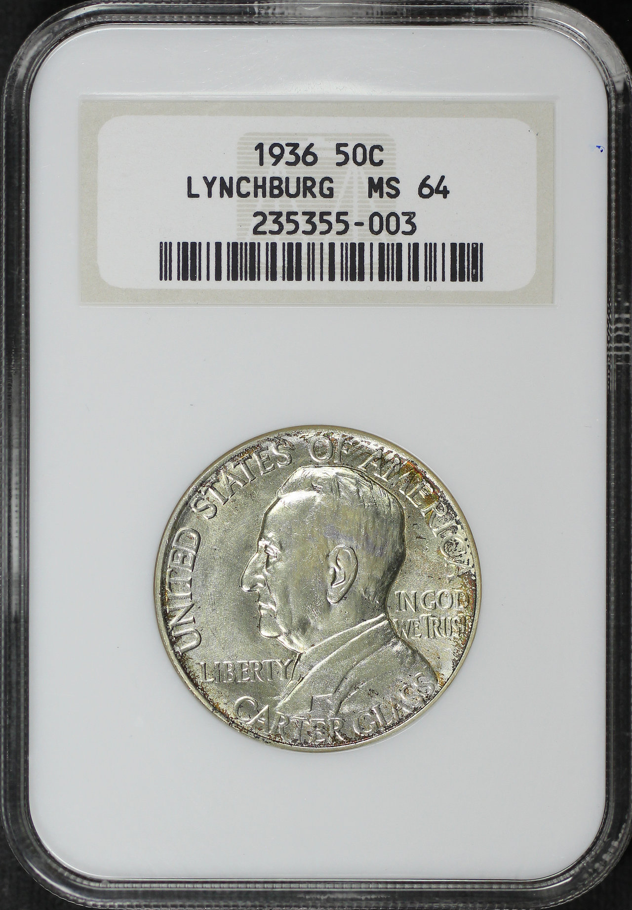 Obverse of this 1936 Silver Commemorative Lynchburg 50C NGC MS-64 Old Fatty Holder