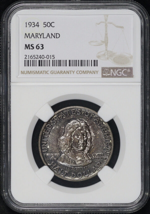 Obverse of this 1934 50C Maryland Silver Commemorative NGC MS-63