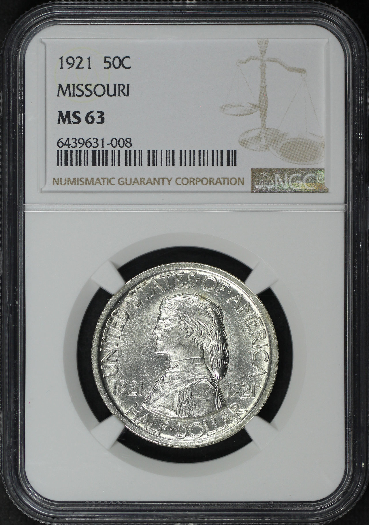 Obverse of this 1921 Silver Commemorative Missouri 50C NGC MS-63