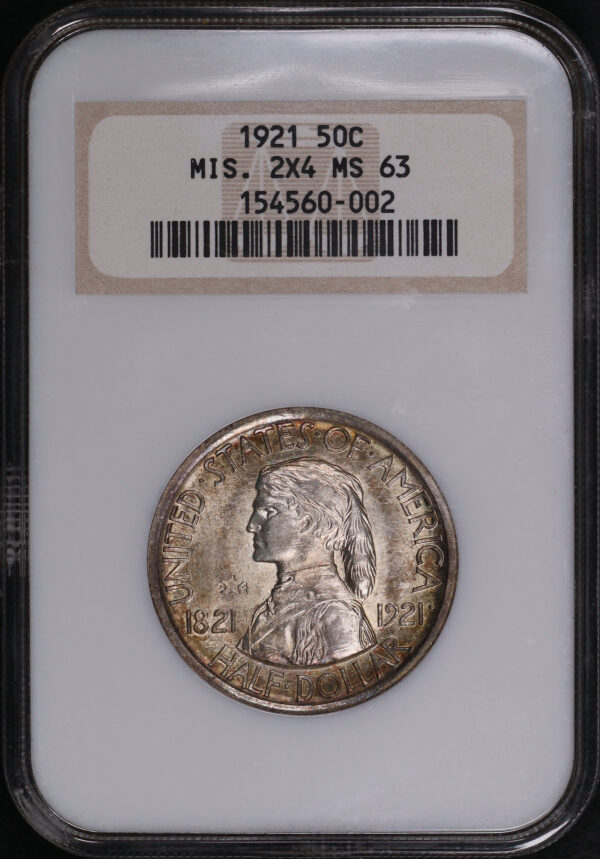 Obverse of this 1921 50C Missouri 2X4 Silver Commemorative NGC MS-63 Old Fatty Holder