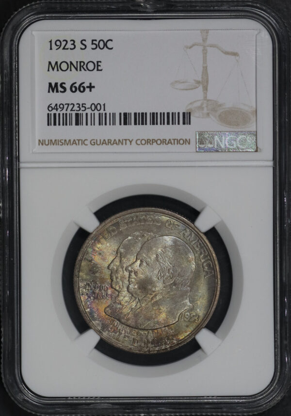 Obverse of this 1923-S 50C Monroe Silver Commemorative NGC MS-66+