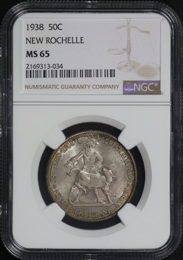 Obverse of this 1938 50C New Rochelle Silver Commemorative NGC MS-65