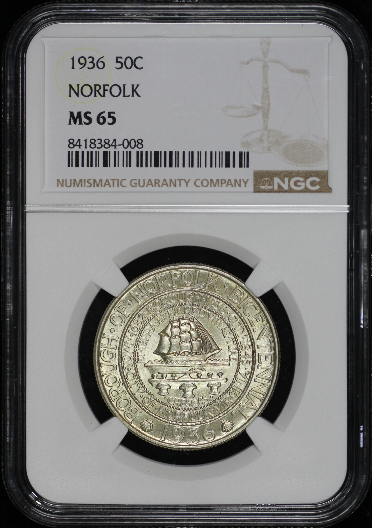 Obverse of this 1936 50C Norfolk Silver Commemorative NGC MS-65