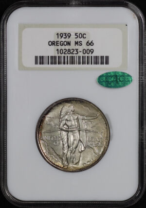 Obverse of this 1939 50C Oregon Silver Commemorative NGC MS-66 CAC Great Tab Toning