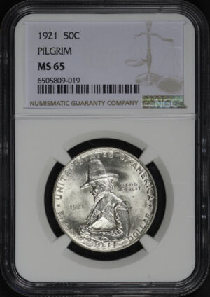Obverse of this 1921 50C Pilgrim Silver Commemorative NGC MS-65