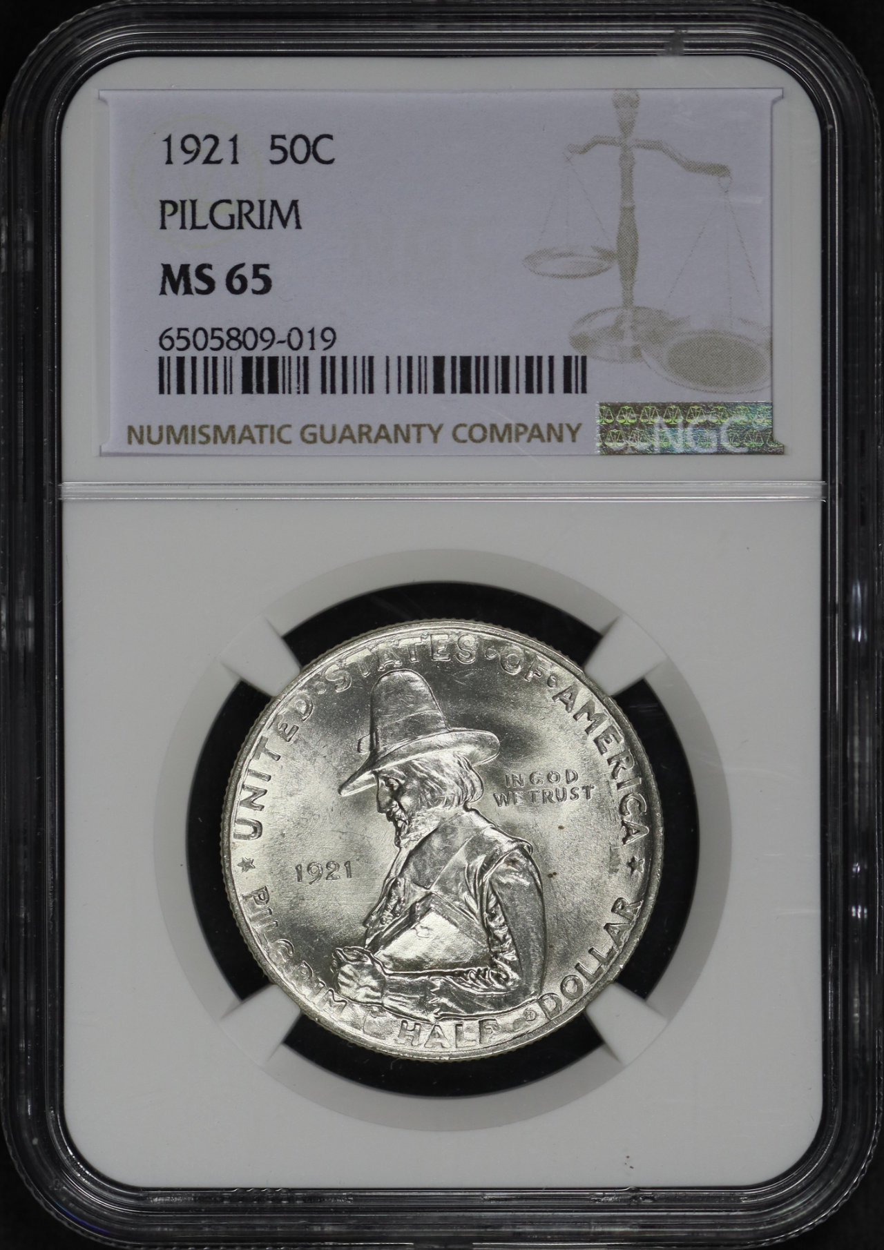 Obverse of this 1921 50C Pilgrim Silver Commemorative NGC MS-65