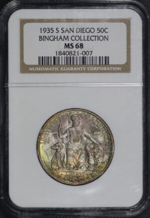 Obverse of this 1935-S 50C San Diego Silver Commemorative NGC MS-68 Bingham Collection Dark Neon Toning