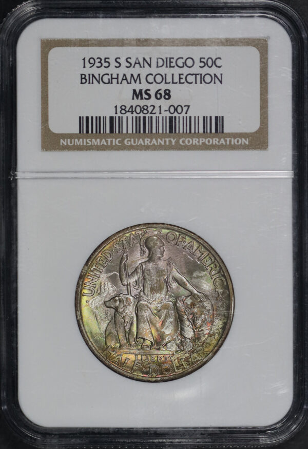Obverse of this 1935-S 50C San Diego Silver Commemorative NGC MS-68 Bingham Collection Dark Neon Toning
