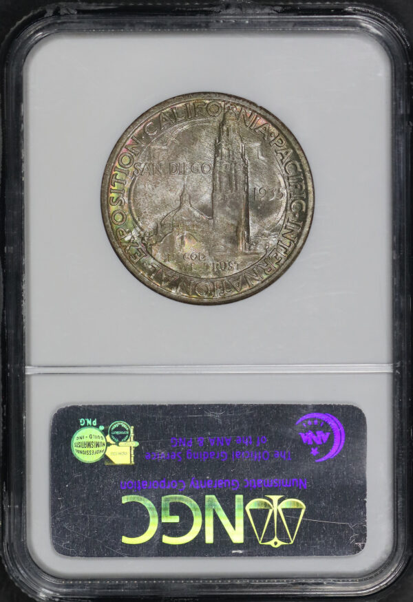 Reverse of this 1935-S 50C San Diego Silver Commemorative Bingham Collection NGC MS-68 