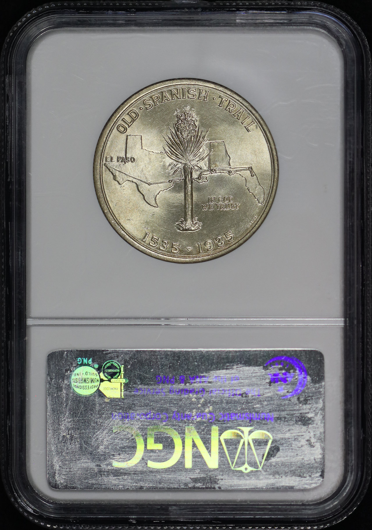 Reverse of this 1935 Silver Commemorative Spanish Trail SPANISH TRAIL 50C NGC MS-65