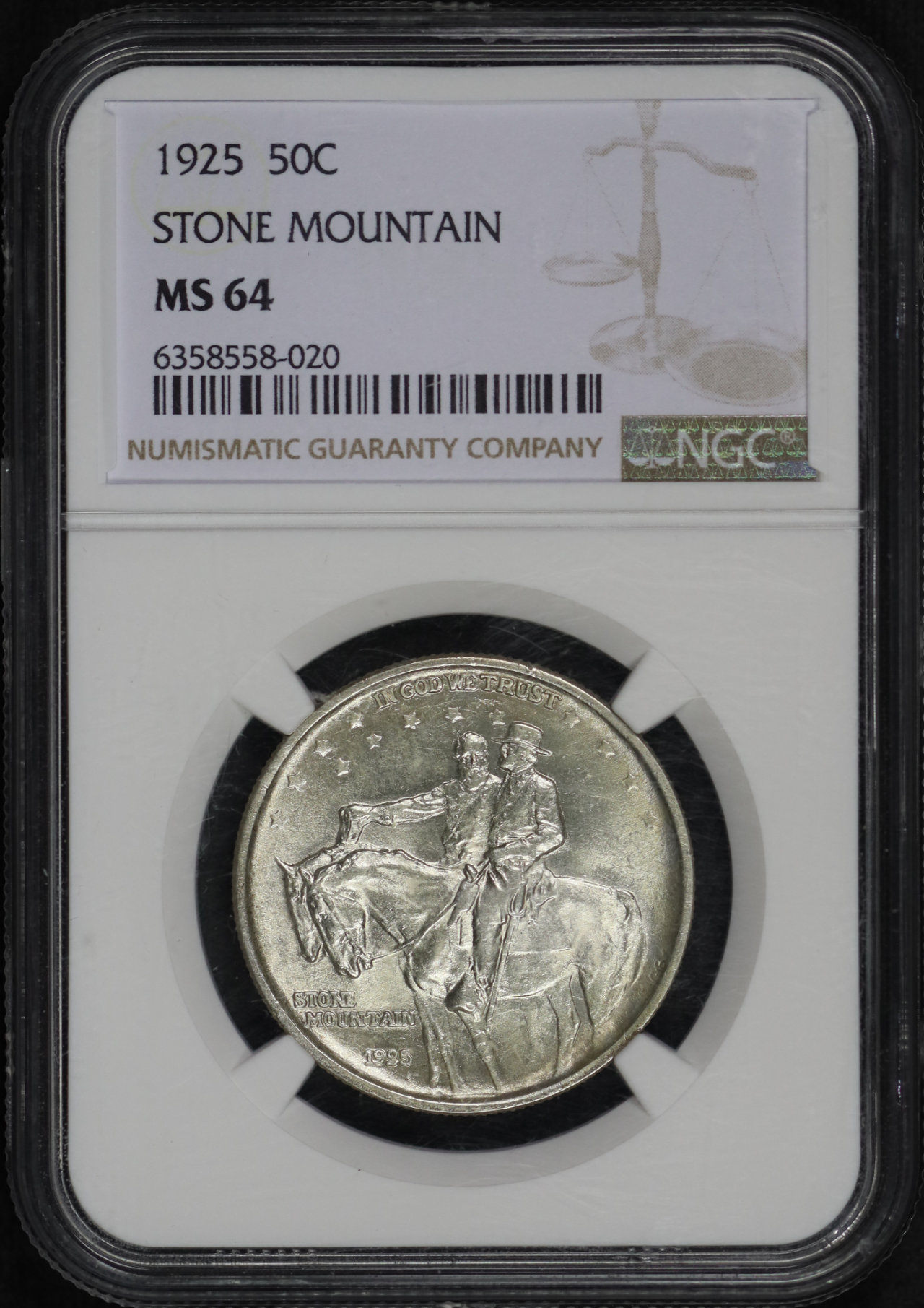 Obverse of this 1925 50C Stone Mountain Silver Commemorative NGC MS-64