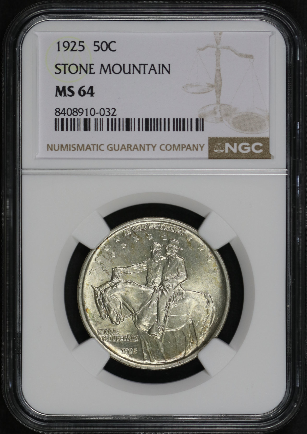 Obverse of this 1925 50C Stone Mountain Silver Commemorative NGC MS-64
