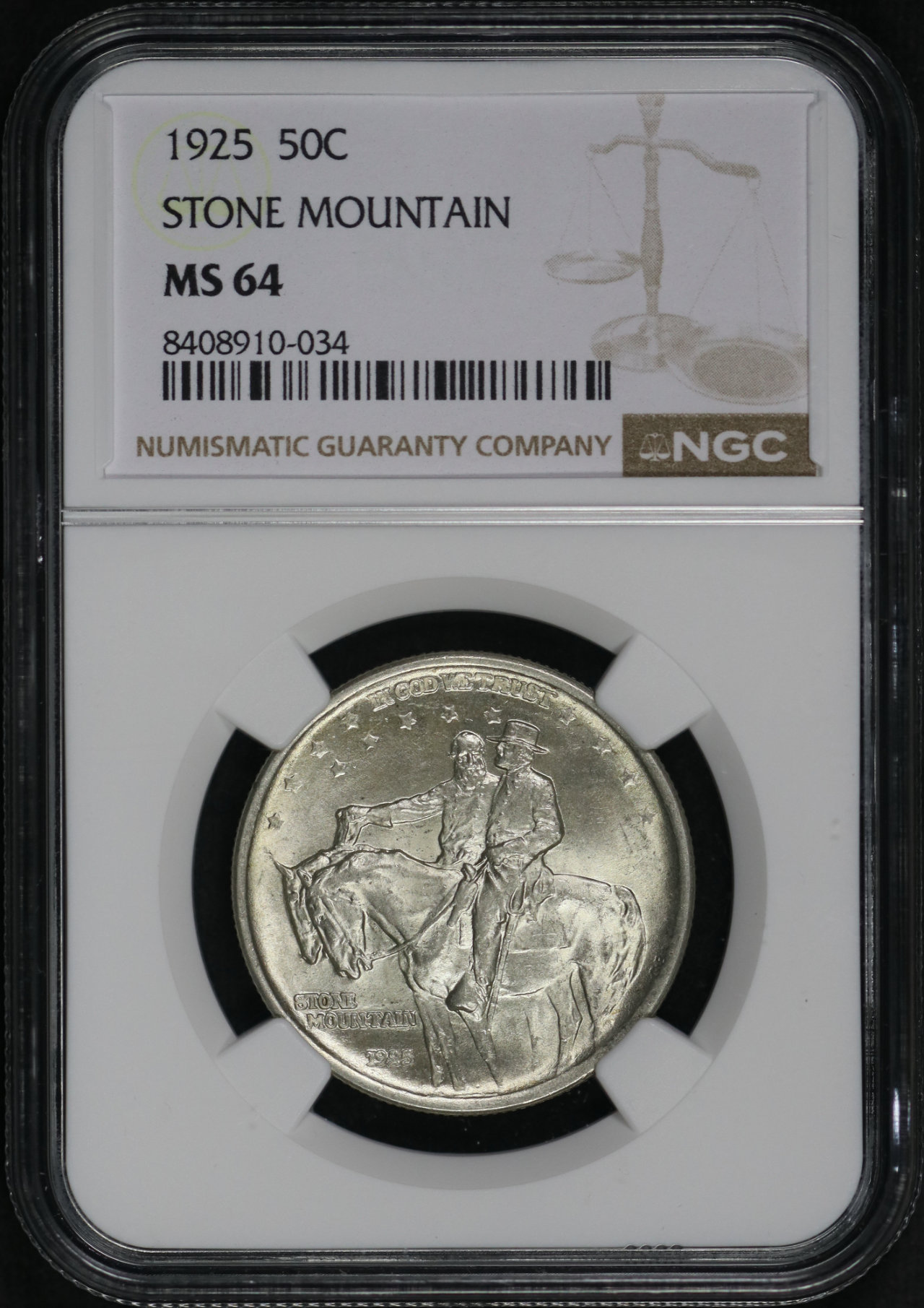 Obverse of this 1925 50C Stone Mountain Silver Commemorative NGC MS-64