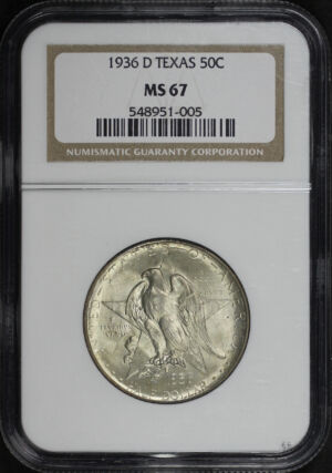 Obverse of this 1936-D Texas 50C Silver Commemorative NGC MS-67