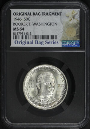 Obverse of this 1946 Silver Commemorative Booker T. Washington 50C NGC MS-64 Original Bag Fragment.