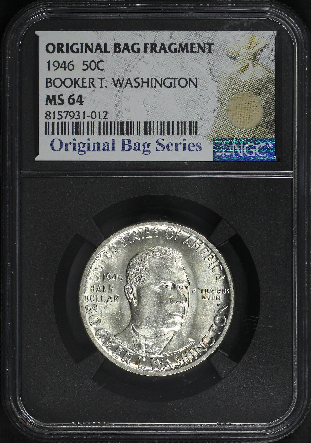 Obverse of this 1946 Silver Commemorative Booker T. Washington 50C NGC MS-64 Original Bag Fragment.