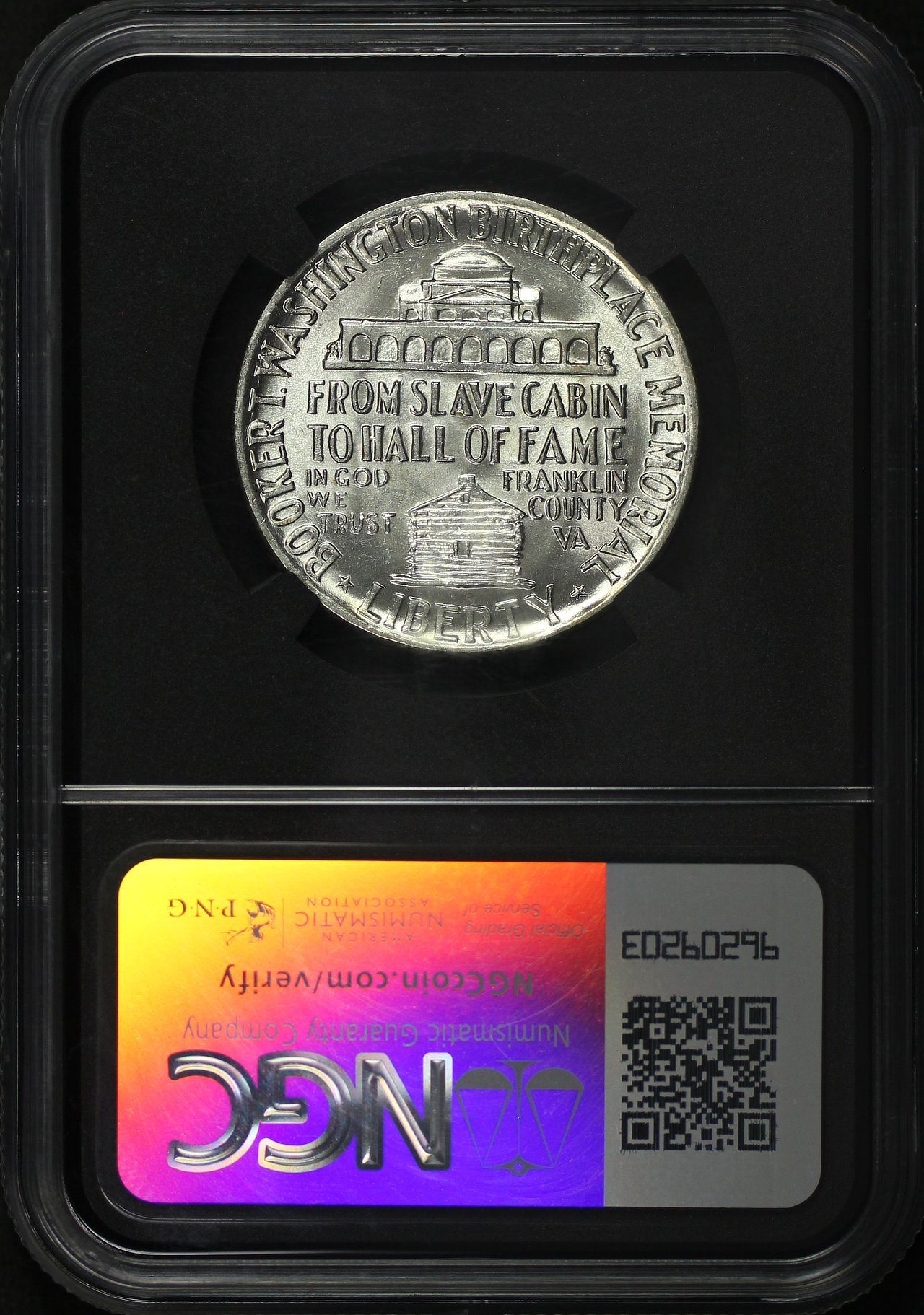 Reverse of this 1946 Silver Commemorative Booker T. Washington 50C NGC MS-64 Original Bag Fragment.