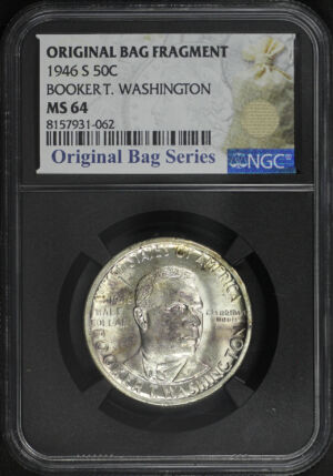 Obverse of this 1946-S Silver Commemorative Booker T. Washington 50C NGC MS-64 Original Bag Fragment.