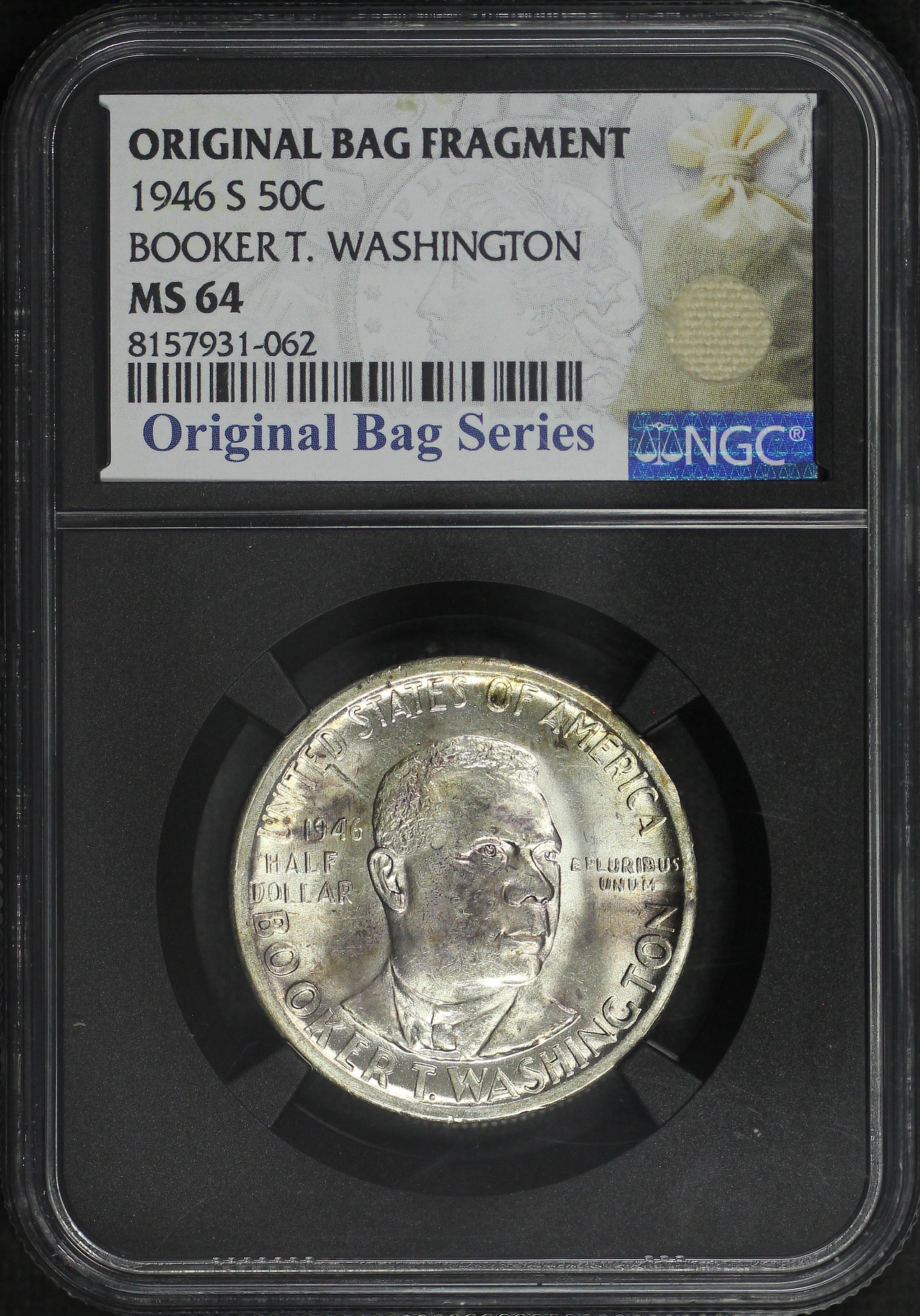 Obverse of this 1946-S Silver Commemorative Booker T. Washington 50C NGC MS-64 Original Bag Fragment.