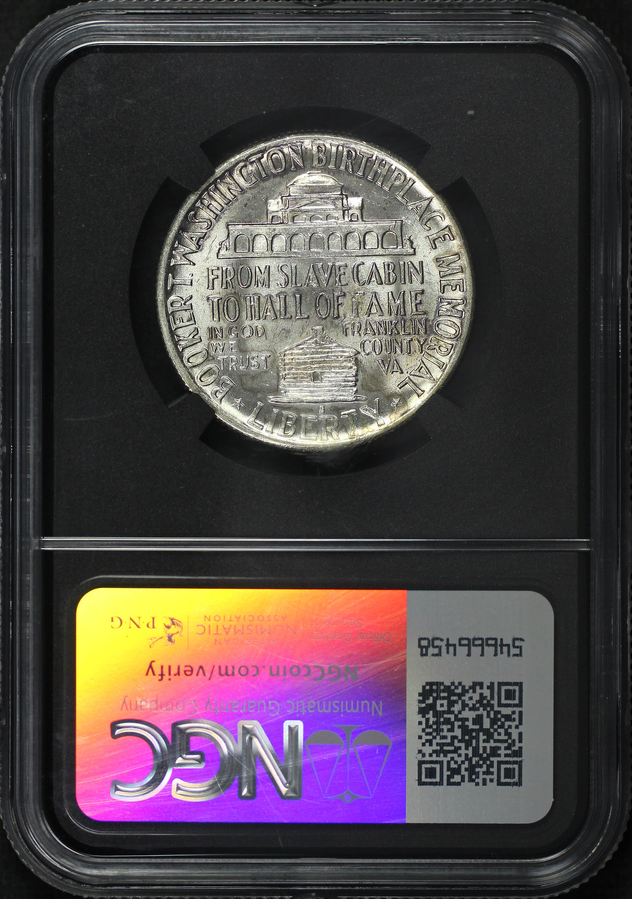 Reverse of this 1946-S Silver Commemorative Booker T. Washington 50C NGC MS-64 Original Bag Fragment.