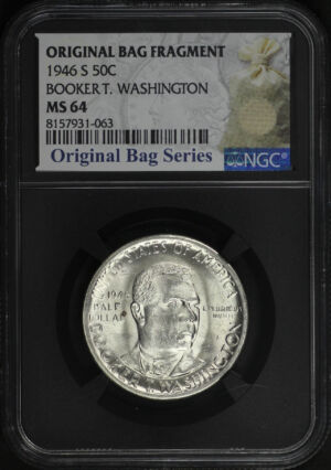 Obverse of this 1946-S Silver Commemorative Booker T. Washington 50C NGC MS-64 Original Bag Fragment.
