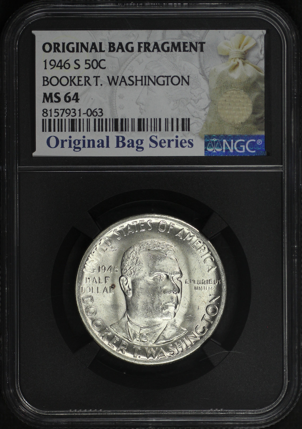 Obverse of this 1946-S Silver Commemorative Booker T. Washington 50C NGC MS-64 Original Bag Fragment.