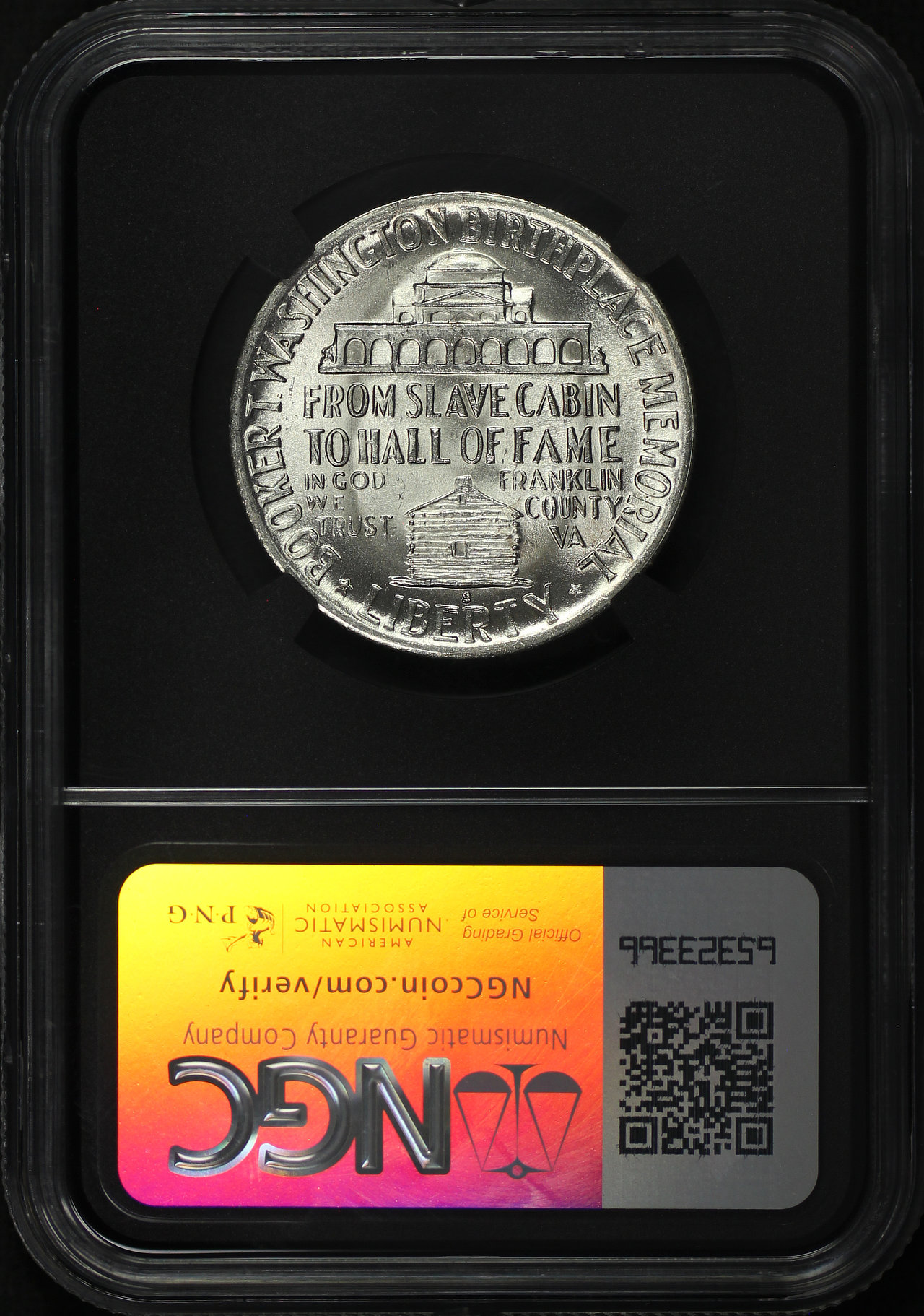 Reverse of this 1946-S Silver Commemorative Booker T. Washington 50C NGC MS-64 Original Bag Fragment.