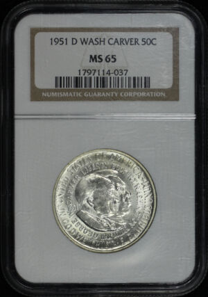 Obverse of this 1951-D 50C Washington-Carver Silver Commemorative NGC MS-65
