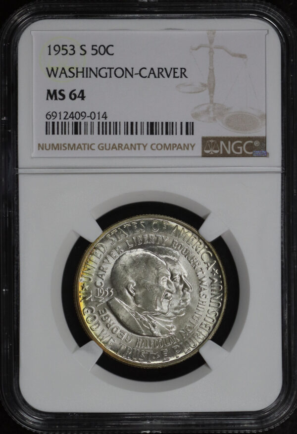 Obverse of this 1953-S 50C Washington-Carver Silver Commemorative NGC MS-64