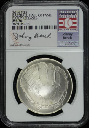 Obverse of this 2014 Commemorative Baseball Hall of Fame Early Releases S$1 NGC MS-70