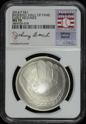 Obverse of this 2014-P Baseball Hall of Fame Commemorative $1 Silver NGC MS-70 Early Release Johnny Bench Signature