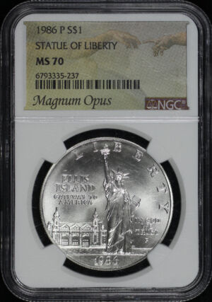 Obverse of this 1986-P Statue of Liberty Commemorative $1 Silver NGC MS-70 Magnum Opus Label
