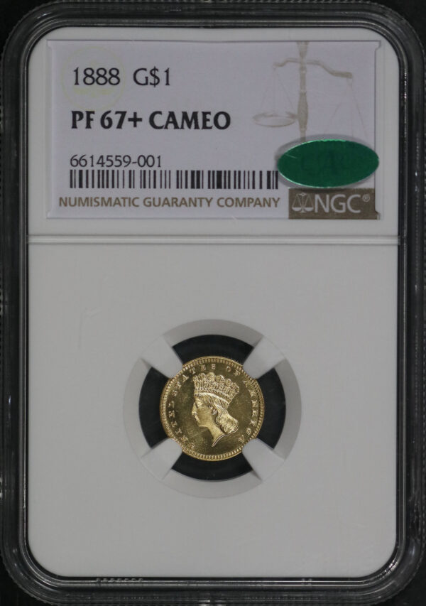 Obverse of this 1888 Gold Dollar Type 3 NGC PF-67+ CAM CAC